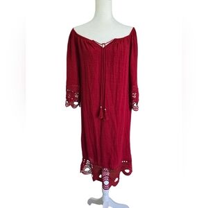 Mlle Gabrielle Boho Dress With Bell Quarter Sleeves Burgandy Size Large